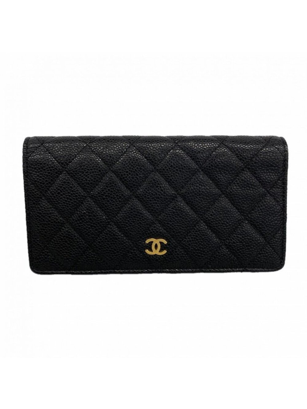 Chanel Wallet Quilted Caviar Leather Black Gold